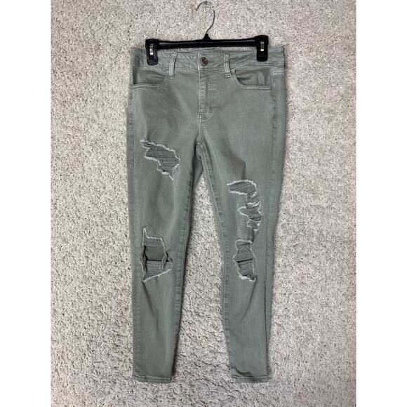 American Eagle Jeggings Jeans Womens 10 Short Green Distressed Skinny Holes - Picture 1 of 11